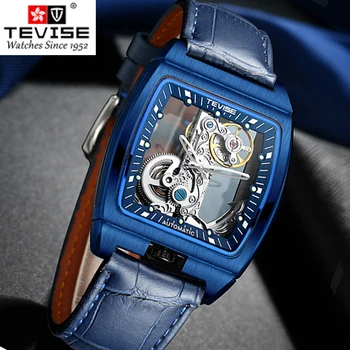 

Transparent Tourbillon Watch Men TEVISE Blue Case Genuine Leather Wrist Watch Self Winding Mens Automatic Mechanical Watches
