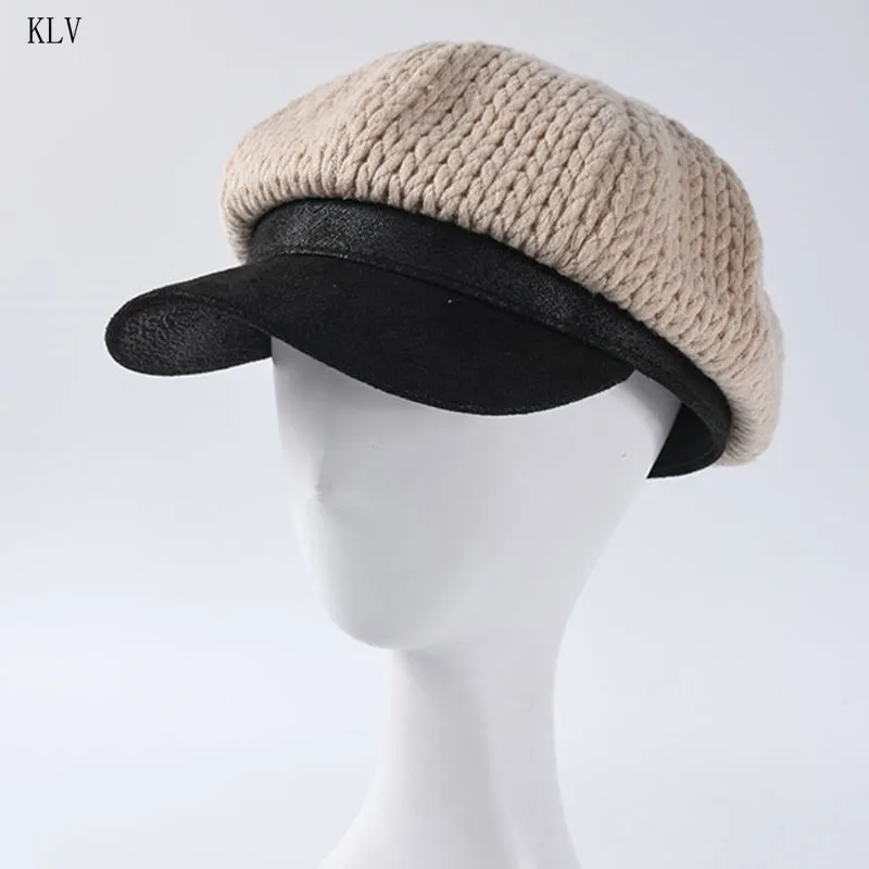 Womens Winter Knit Patchwork Baseball Cap Contrast Color Classic Painter Octagonal Beanie Beret Hat with Visor