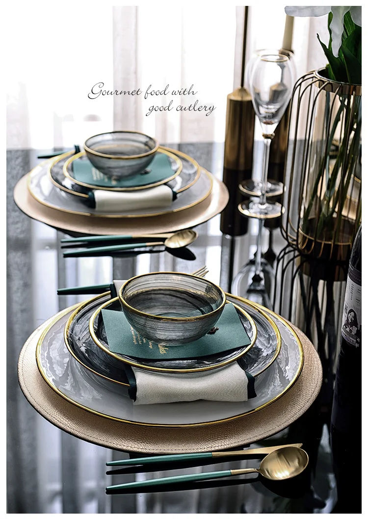 Teal Modern Luxury European Creative Round Glass Tableware Set 6