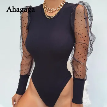

2019 Autumn Patchwork Bodysuits Ladies Fashion Long Puff Sleeve Mesh Polk Dot Streetwear Skinny Nightclub Women Rompers Female