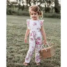 Сиамские брюки с цветочным принтом и рукавами-крылышками для новорожденных девочек комплекты с топом и штанами От 1 до 5 лет повседневный комбинезон принцессы из хлопка