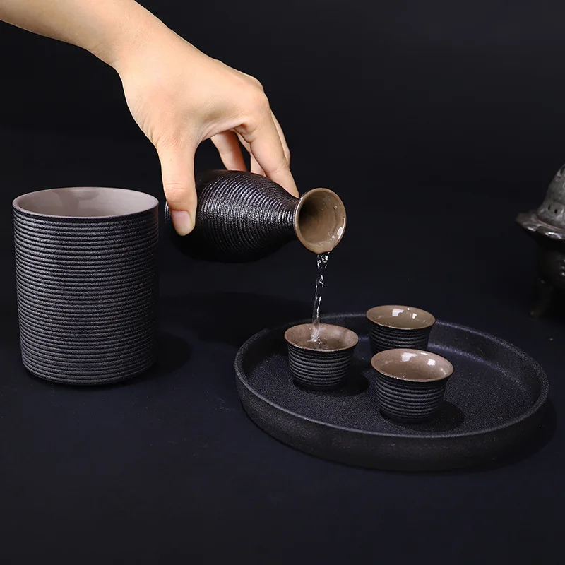 Japanese Style Ceramic Sake Pot Cup Set Black Pottery Liquor Wine Bottle Cups Tray ceramic sake set