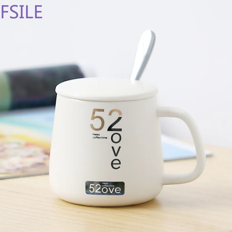 Fsile 400ml Creative 520 Couple Ceramics Coffee Mug with Lid Milk Breakfast Mugs Home Office Cup Coffee Tea Cups Gift Gift Box