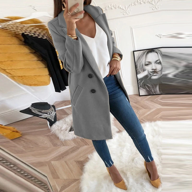 Online Women Wool Outwear Winter Woollen Coat Long Sleeve Turn Down Collar Blends Jacket Elegant Lady Overcoats 3XL Plus Size GV782