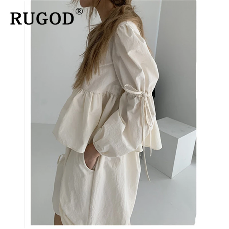 RUGOD ins модная однотонная женская блузка Корейская с пышными рукавами открытой
