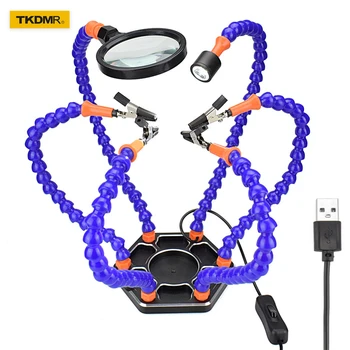 

TKDMR Helping Hands Third Arm Soldering Work Station 6 Flexible Arms with Precision 360 Degree Alligator Clip USB Magnifier