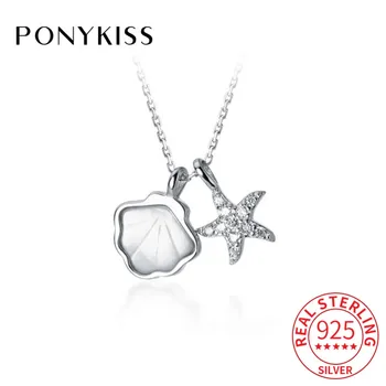 

PONYKISS Trendy S925 Sterling silver Shells and starfish Zircon Pendant Necklace Chain for Women Party Fine Accessory Chic Gift