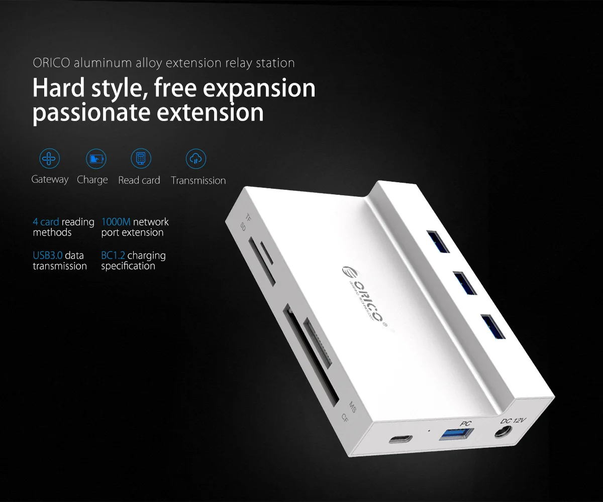 ORICO USB 3.0 HUB to Multi USB3.0 RJ45 SD/TF/MS/CF Type C Adapter Splitter Card Reader Dock Support BC1.2 Charging For Computer