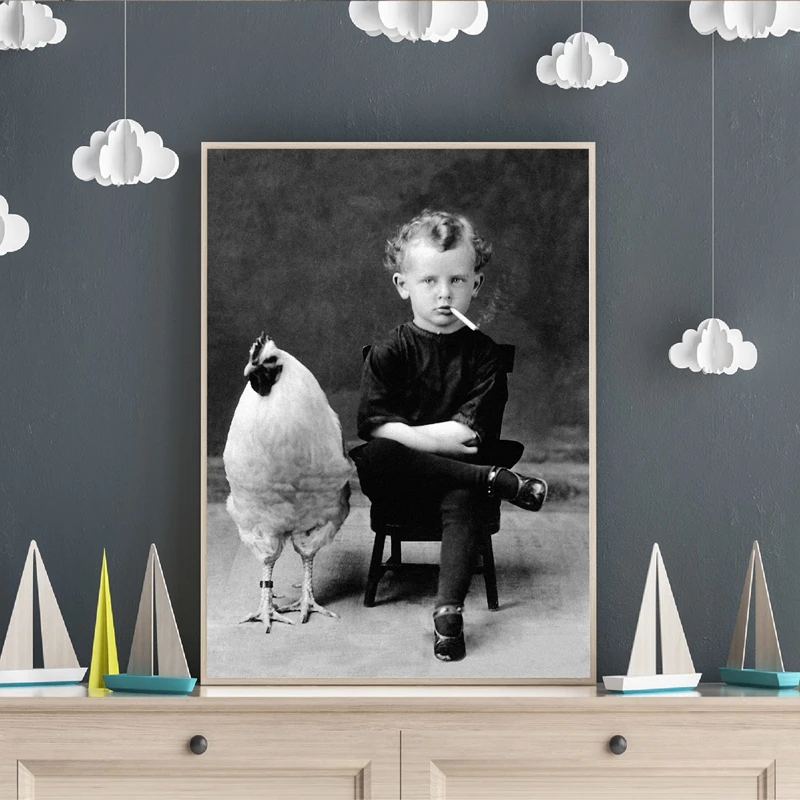 Weird-Vintage-Photography-Poster-Prints-Boy-Smoking-With-His-Chicken-Pet-Antique-Portrait-Art-Canvas-Painting