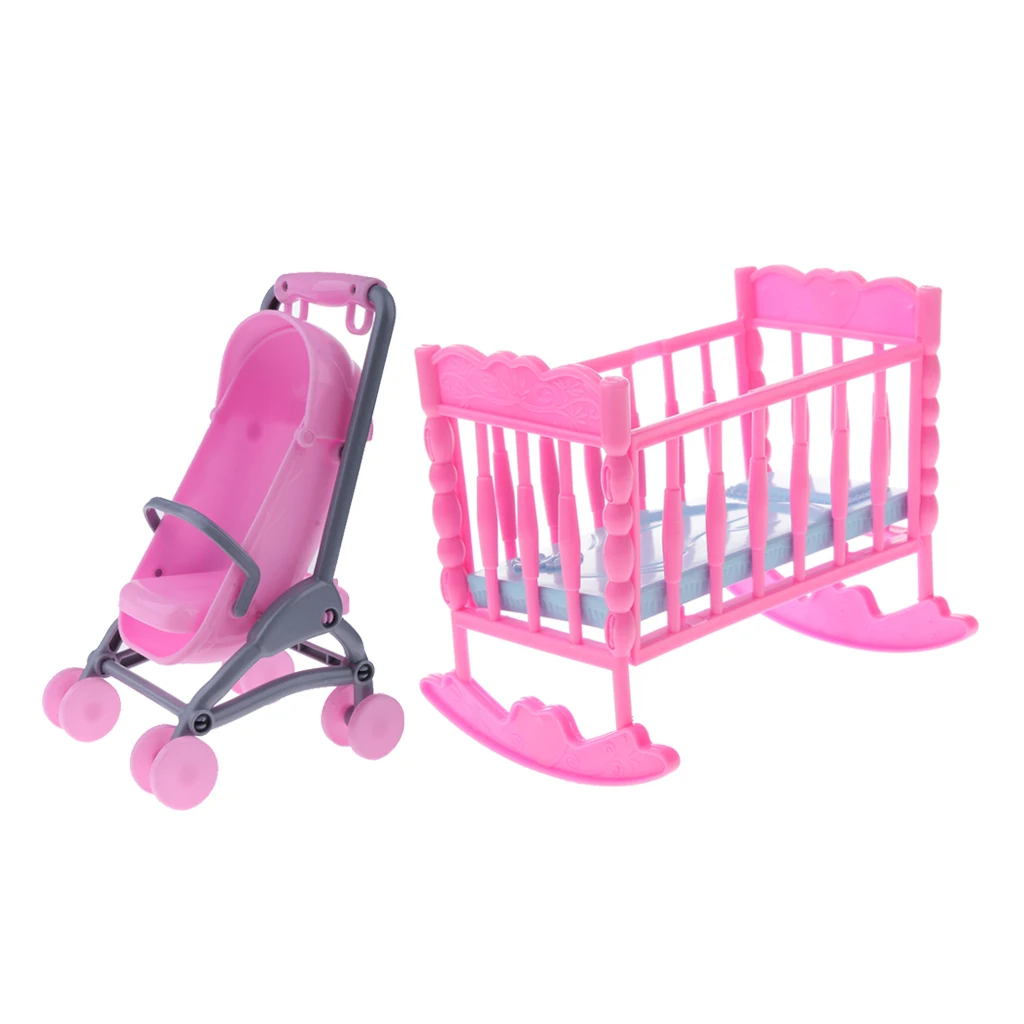 1/6 розовая детская колыбель кровать+ коляска Модель Кукольный домик миниатюрная игрушечная мебель для Блайт аксессуары для кукол