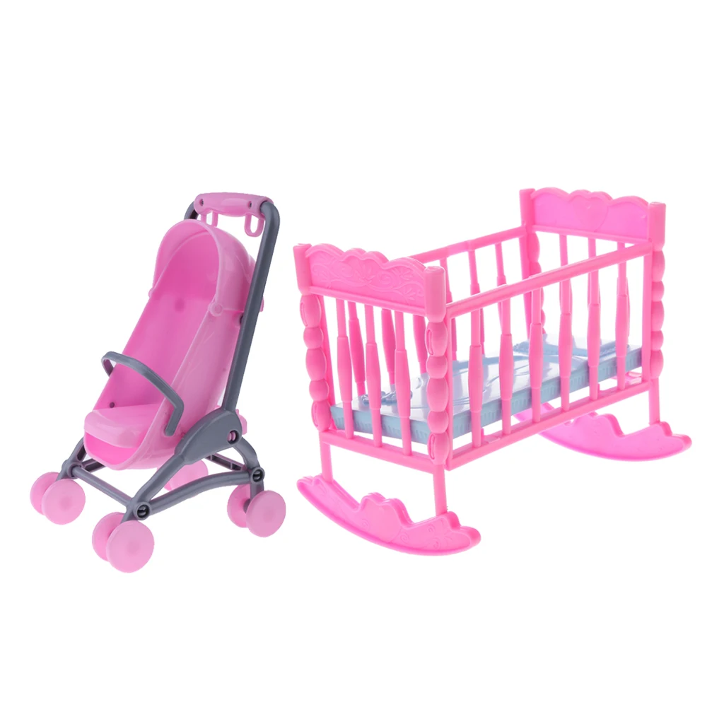 1/6 Pink Baby Cradle Bed + Stroller Model Dollhouse Miniature Furniture Toy for Blythe Dolls Accessory