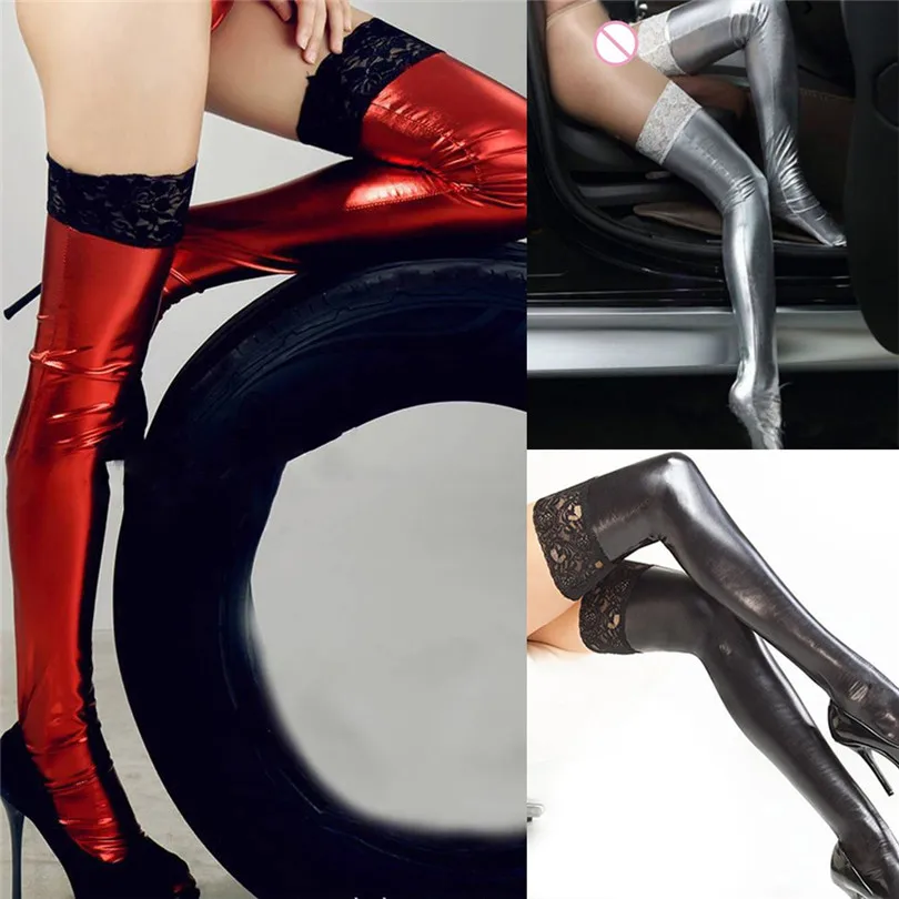 Women Sexy Erotic Lingerie Patent Leather Lace Stockings Shiny Shape Stockings Soutien Gorge Sexy Erotique 30NOV1801