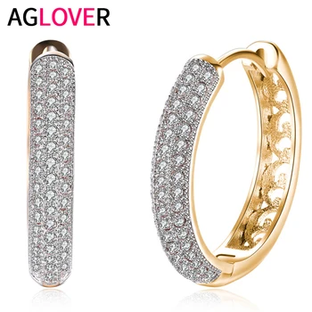 

AGLOVER Shiny AAA Zircon 24mm 925 Sterling Silver 18K Round Hollow Earrings For Women Fashion Engagement Birthday Jewelry