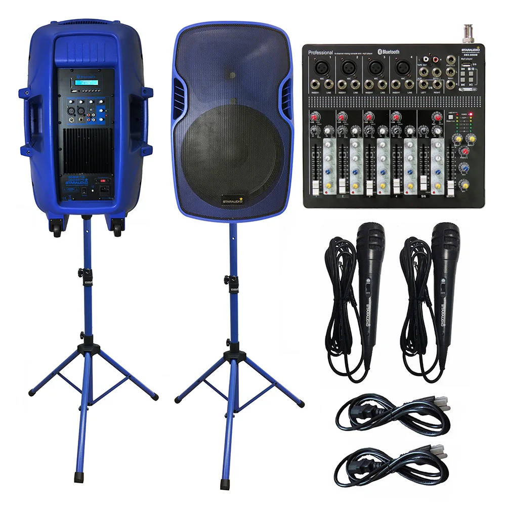 

STARAUDIO 2X 3500W 15" Powered DJ Active Stage Speakers System PA Stands Wired Mics 6CH MP3 USB Bluetooth Mixer System SSBM-15