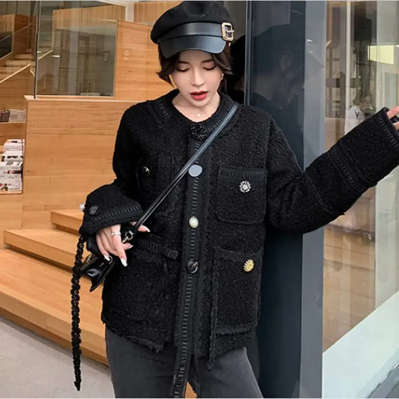 

Small Xiangfeng Coat Woman Winter Clothes Black Loose Socialite Jacket Single Row Buckle Up Clothing Short Money