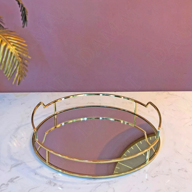 Bandeja de Metal estilo europeo para mesa de centro, placa decorativa  ahuecada con borde dorado, redonda, para decoración de sala de estar -  AliExpress