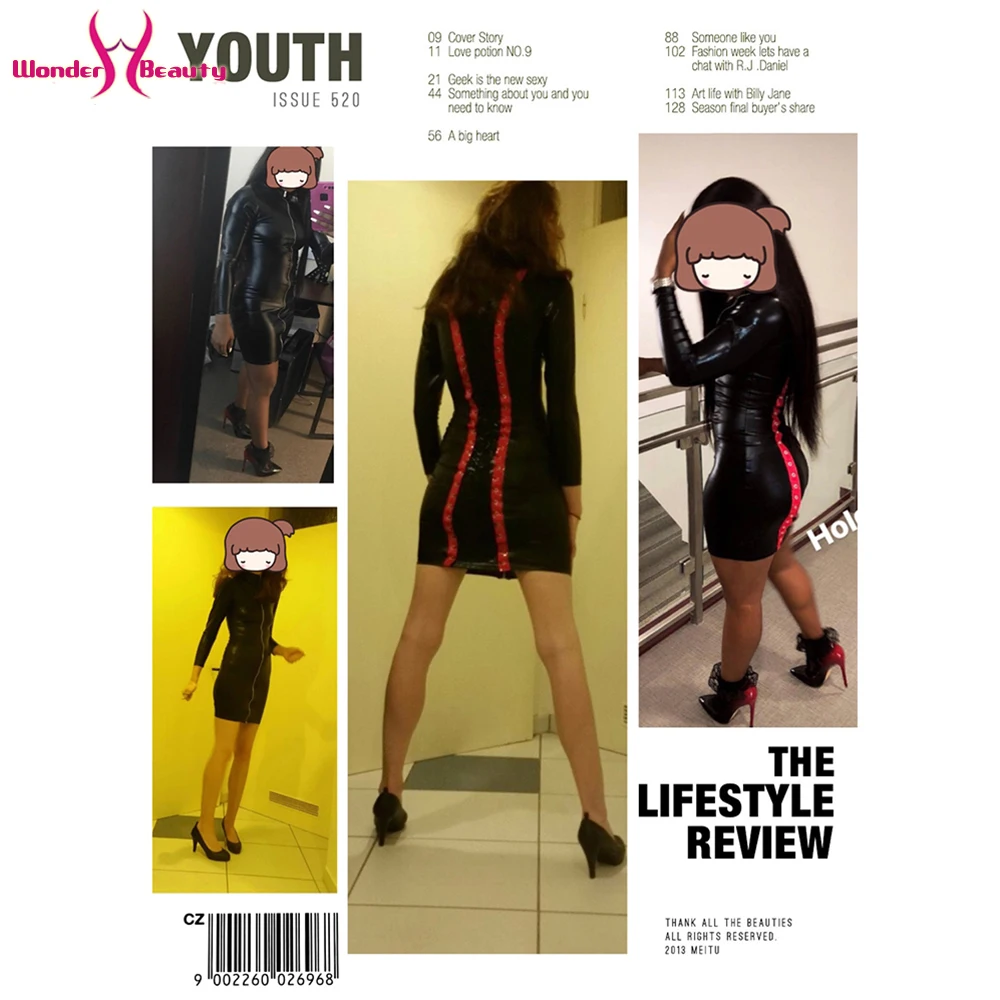 Long Sleeve Faux Leather Dress Zipper Lace Up Midi Bodycon Wet Look Vinyl Party Night Club Dresses Vestido (5)