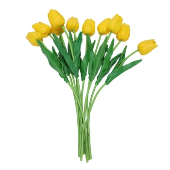 

10pcs Yellow Latex Real Touch Tulip Flower with Leaves For Wedding Bouquet Decorate