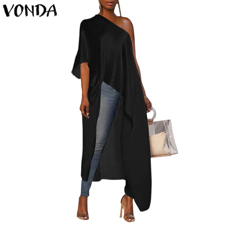 VONDA, асимметричная туника, женская блузка с открытыми плечами,, женские сексуальные вечерние рубашки, праздничные пляжные топы, Длинная блузка размера плюс, блуза - Цвет: Black