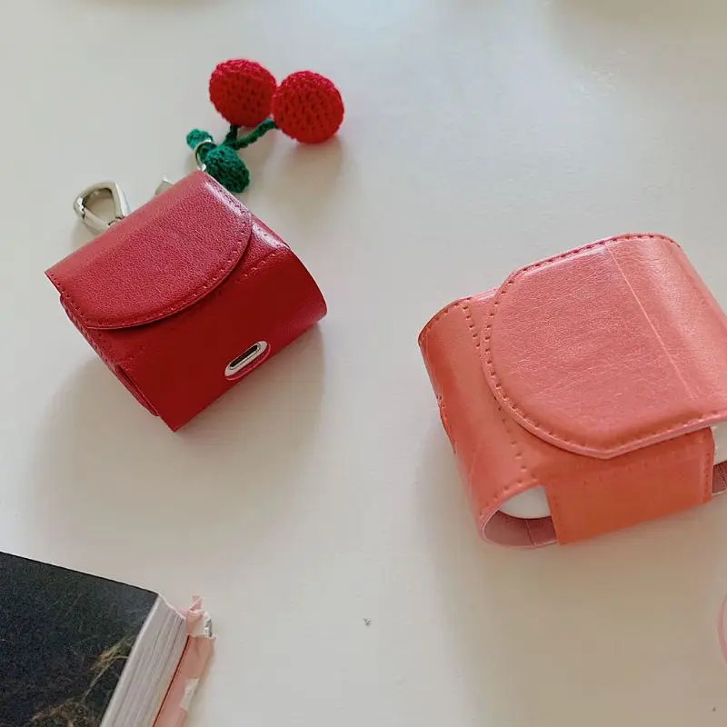 Кожаный роскошный защитный чехол с вишневым персиком для наушников Apple AirPods
