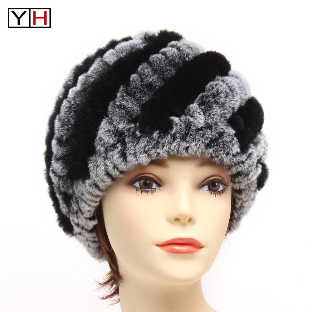 Зимняя меховая шапка для женщин, русский Настоящий мех кролика, вязаная шапка, головной убор, Зимняя Теплая Шапка-бини,, модный бренд