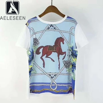

AELESEEN Runway Fashion Silk Tees 2020 Women's Summer Chian Animal Print Blue Pink Sailboat Casual Holiday T-Shirt