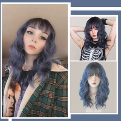 7JHH Blue Wavy Synthetic Wigs Long Omber Synthetic Wig With Bangs For Women Heat-Resistant African American Daily Wear Full Wig