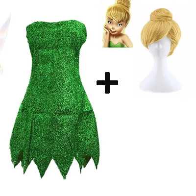 Новинка, костюм феи Пикси, зеленое платье Тинкербелл для взрослых, Сексуальные вечерние мини платья для косплея на Хэллоуин с париком - Color: DRESS AND WIG