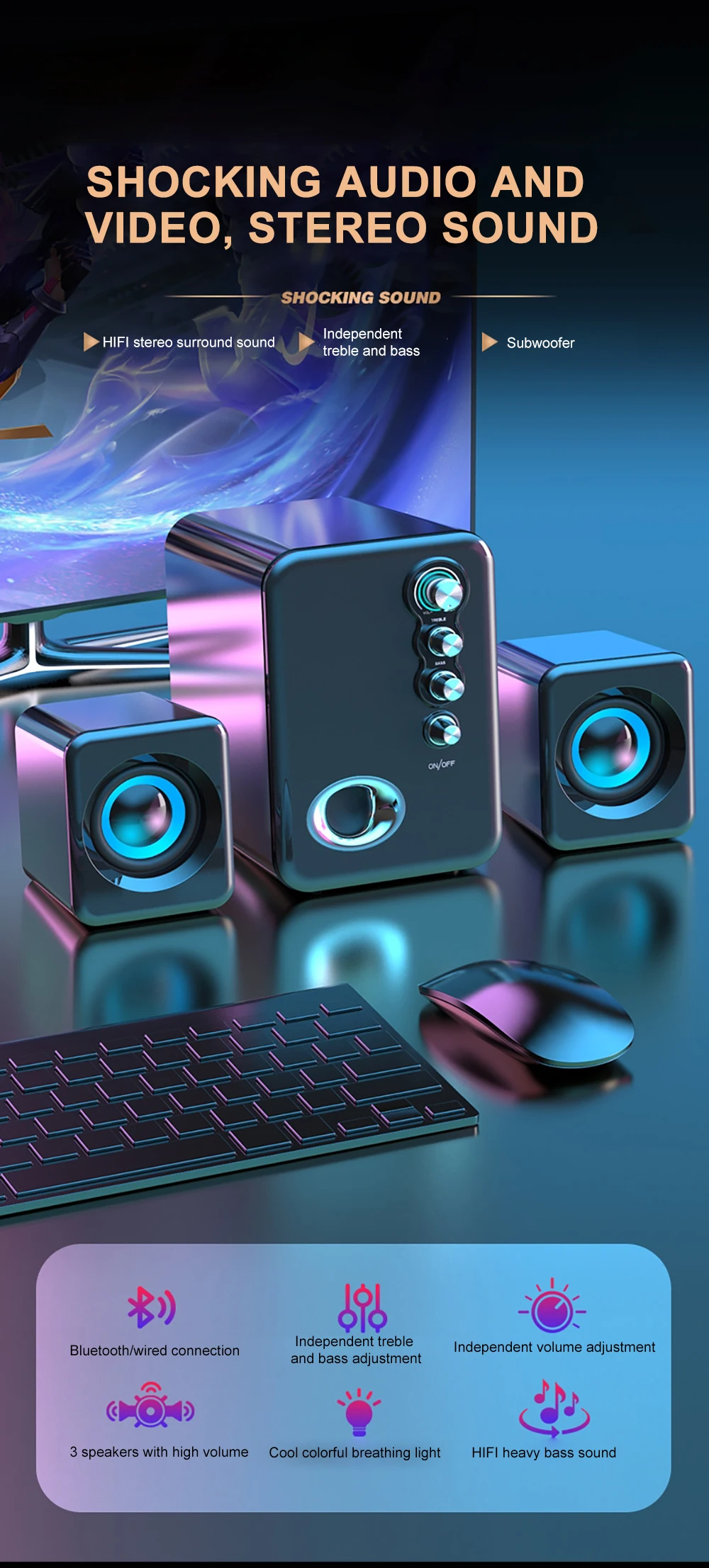 Computer Audio USB 2.1 Multimedia Bluetooth Overweight Subwoofer Desktop Home Speaker Wired Universal Audio