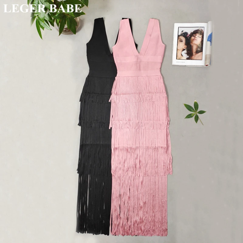 

LEGER BABE Autumn Black Pink Fringe Sleeveless Maxi Bandage Dress Sexy V Neck Long Tassel Women Vestidos High Quality