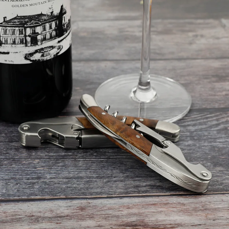 

Multifunction Portable Waiters Corkscrew Natural Shadow Wood Stainless Steel Handle All in One Foil Cutter Wine Opener