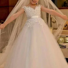 Свадебные вечерние наряд для церемоний кружевные фатиновые платья для первого причастия с рукавами-крылышками для маленьких девочек, белые платья с цветочным узором для девочек