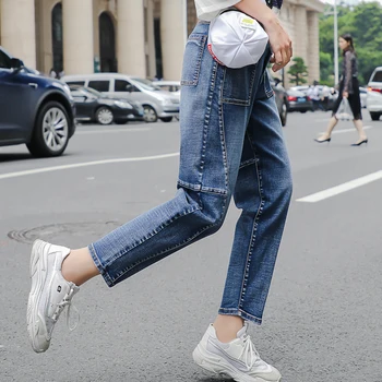 

Real shot spot 2019 spring and autumn nine points jeans female carrot pants old pants high elastic stitching harem pants