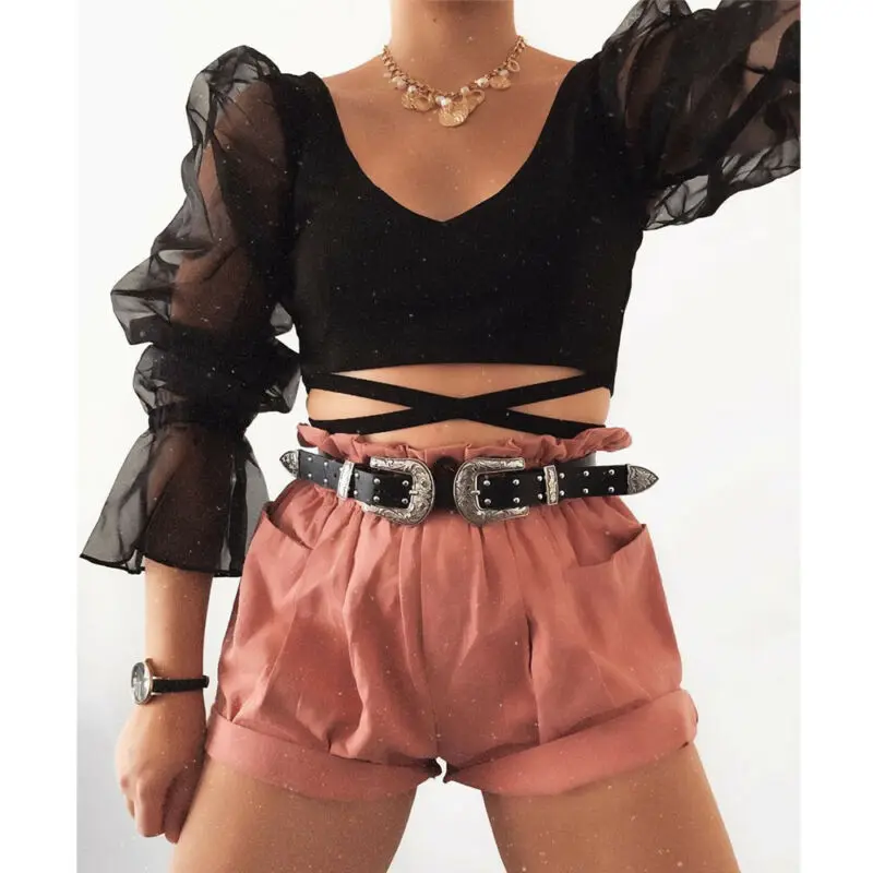 

Meihuida Autumn Summer Women Sexy Deep V-neck Mesh Sheer See-through Long Puff Sleeve Lace Short Crop Shirts Holiday Wear