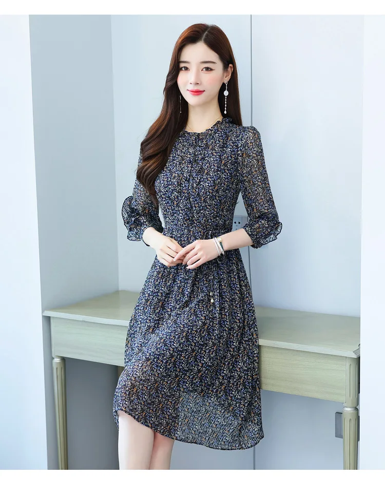 2022 חדש אלגנטי Bodycon המפלגה Vestidos Womem פרחוני שיפון מזדמן חוף Midi שמלת סתיו החורף קוריאני בציר שמלת בגדים
