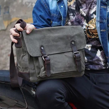 

Mens Oil Wax Canvas Leather Shoulder Bags Waterproof Canvas Crossbody Bags Vintage Canvas Leather Messenger Bags