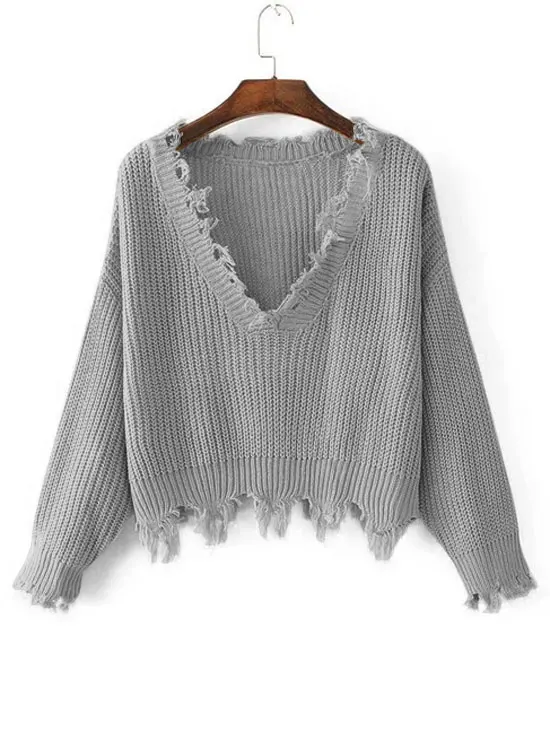 AREQW Knitted Sweater Autumn Women One Size Ripped V Neck Loose Sweater Pullovers Ladies Solid Color Tassel Sweaters Tops 2019 AREQW Knitted Sweater Autumn Women One Size Ripped V Neck Loose Sweater Pullovers Ladies Solid Color Tassel Sweaters Tops 2019