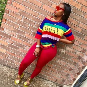 

Women Set Autumn Sporting Rainbow Striped Letter Print T-shirt Skinny Pencil Pants Suit Two Piece Set Elegant Tracksuit Leggings