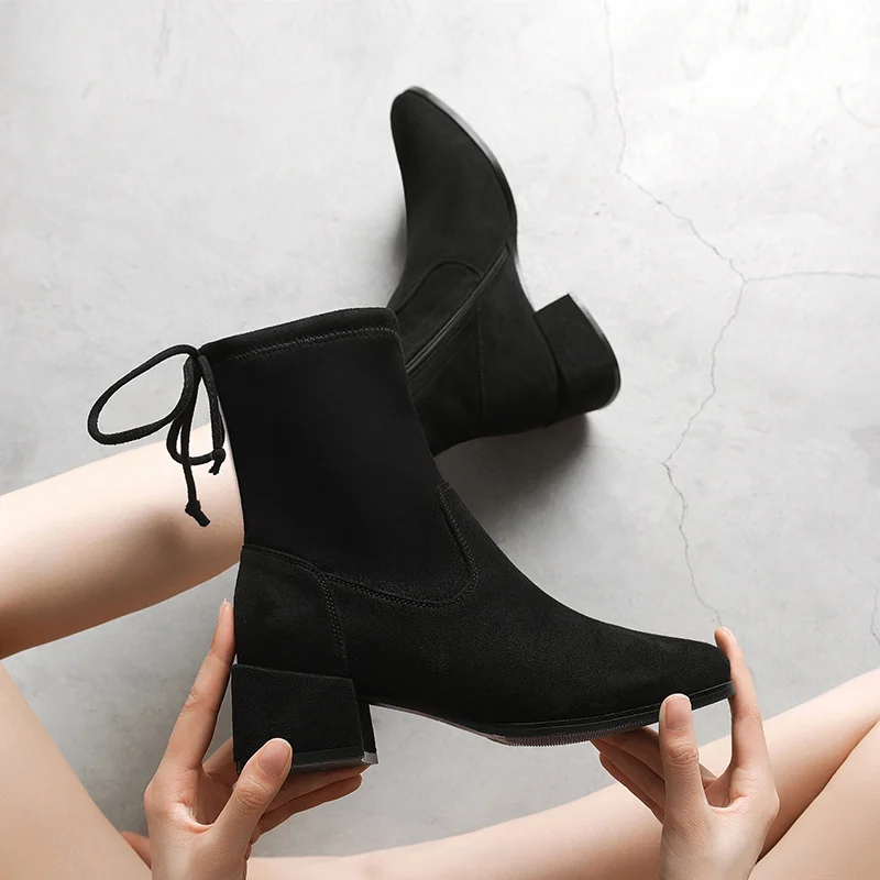 

Women High Heel Boots Winter Thick Heel Shoes Woman Mid-calf Boots Zipper Keep Warm Square Heel Botas Mujer 2019