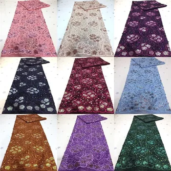 

Newest Nigerian sequins Lace Fabric With Color Sequins African Lace Fabric Soft Stretch Velvet Lace For Ghana Wedding Dress