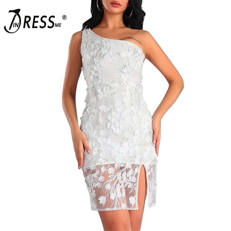 

INDRESSME 2019 Summer New One Shoulder Sleeveless Sexy Three-dimensional Flower Lace Split Women Party Bodycon Mini Dress