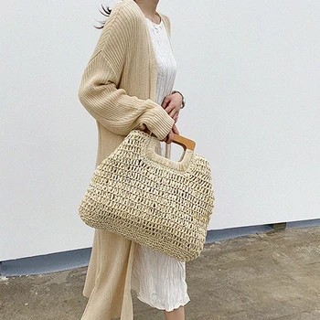 

Summer Hot Rattan Shoulder Bags Korean caramel color handmade straw bag handbag lady large capacity retro Bohemia Beach Tote Bag