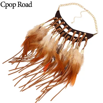

Cpop Boho Leather Feahther Tassel Necklace Ethnic Beads Metal Pendant Statement Necklace Feather Jewelry Women Accessories Gifts