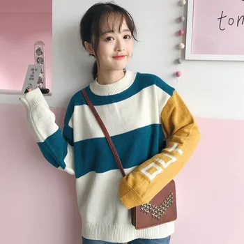 

Autumn Women Sweaters Letter Long Sleeve Knitted Tops Casual O-Neck Loose Striped Pullovers 2019 Fashion Tops