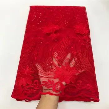 

African Lace Fabrics 2019 High Quality Red Lace Nigerian Tulle Lace Fabric Bride French Net Lace Fabric 5 Yards with Sequins
