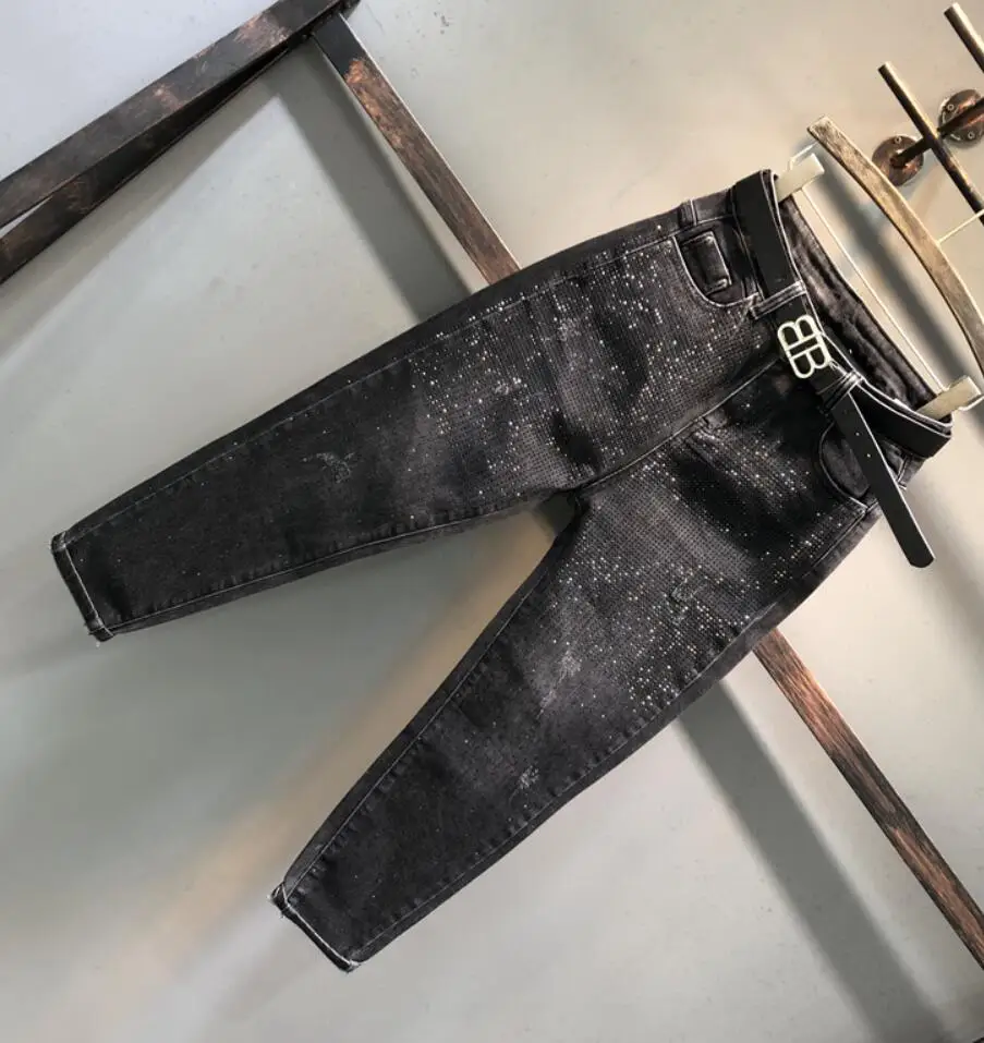 Günstig Jeans Frauen Harem Perlen Diamant Boyfriend Jeans für Frauen Koreanische Frühling Herbst Schwarz Jean