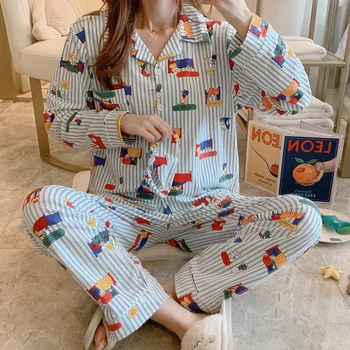 

Women Pajamas Set Floral Printed Full Cotton Fresh Style 100% Cotton Sleepwear Set Women Turn-down Collar Female Casual Homewear