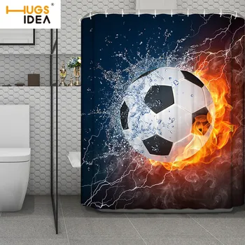 

HUGSIDEA Cool Soccer Football on Fire and Water Print Shower Curtain Soft Cortina Bano Rugby Basketball Softball Design Curtian