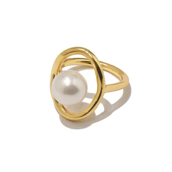 

titanium steel natural freshwater pearl hollow gold wide version ring for women