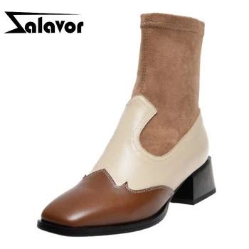 

ZALAVOR Women Ankle Boots Real Leather Designer Shoes Women Autumn Winter Mixed Color Casual Square Toe High Heels Size 34-40